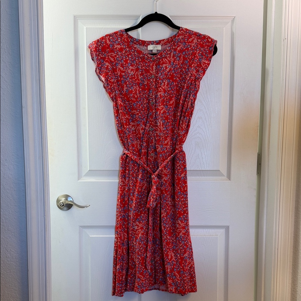 LOFT Red Floral Button Up Midi Dress